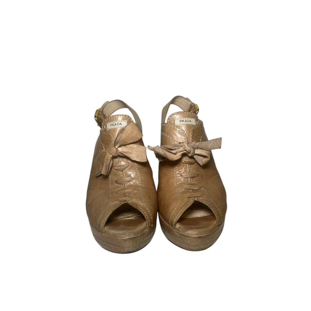 PRADA Beige Leather Platform Logo Lace Up Slingbacks Heels Size EUR 36 US 6